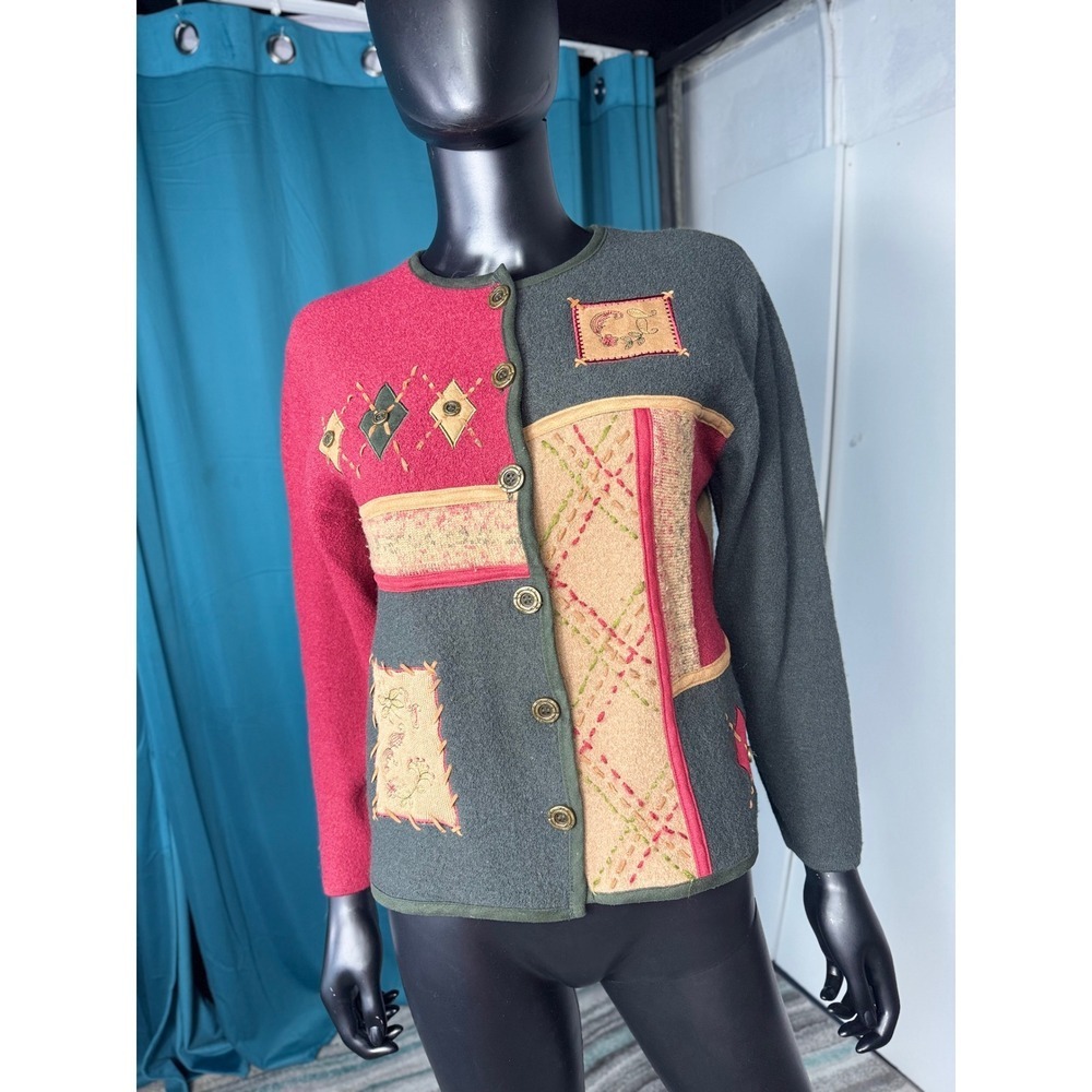 Koret Petites Wool Cardigan Patchwork Button Front Long‎ Sleeve Womens